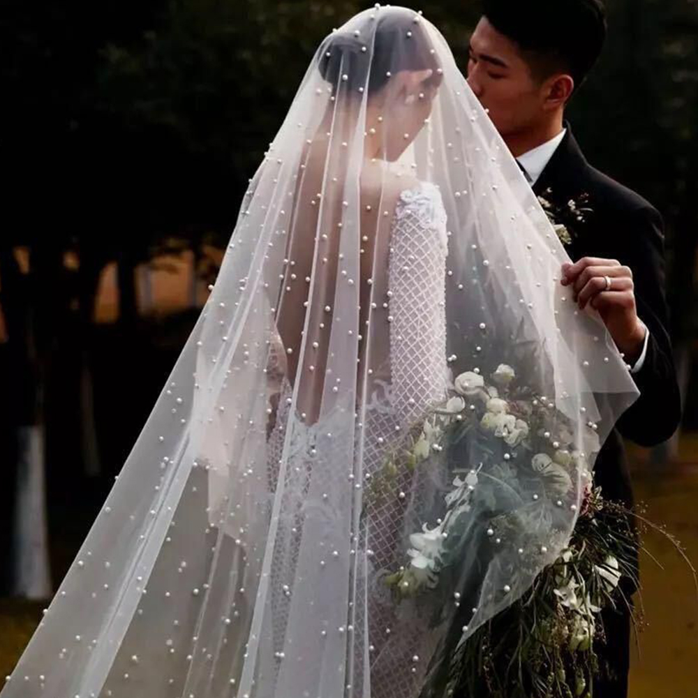 Pearl Wedding Dress Veil Layers Tulle Ribbon Edge Bridal Women Veils Accessories 