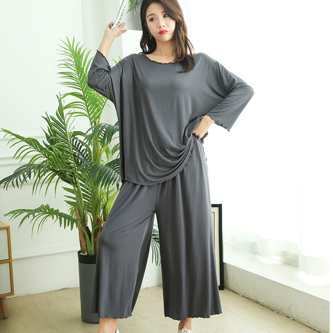 Oversized Loose Autumn Homewear Suit Women Modal Cotton Pajamas Gray Blue Ladies Sleepwear Ruffles O-neck Women's Home Clothes ► Photo 1/6