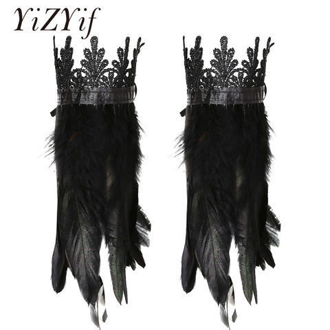 Feather Wrist Cuffs Black Real Natural Dyed Rooster Feather Wrist Cuffs with Ribbon Ties for Cosplay Costume Party Halloween ► Photo 1/6