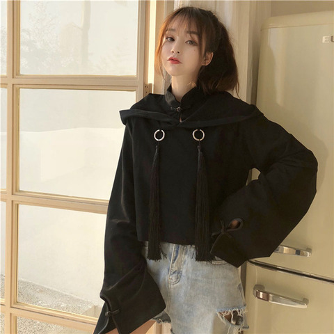 Women's Hoodies  Crop Hoodies Sweatshirts Tassel Hooded Woman Crop Top Hoodie Chinese Letters Print Japan Style Girls Tops LS180 ► Photo 1/6