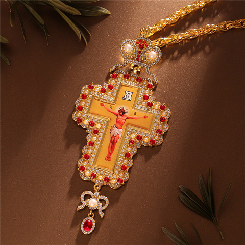 Men's Pectoral Cross Orthodox Jesus Crucifix Pendants Plated Gold Rhinestones Chain Necklace Religious Jewelry ► Photo 1/6