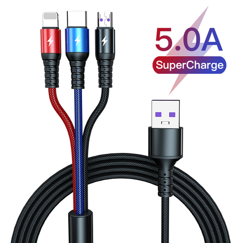 Super Charge 3 in 1 USB Cable for Huawei for iPhone 11 Pro Max 3in1 2in1 Fast Charge 8 Pin Micro USB Type C Cable for Samsung ► Photo 1/6