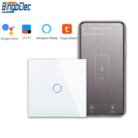 Bingoelec EU/UK Standard WIFI Switch 1/2/3 G 1 Way Smart Wall Switch Crystal Glass Pane Wireless Control By Google Home Alexa ► Photo 1/6