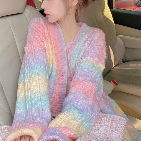 Rainbow Knitted Cardigan Women Autumn winter Sweet Kawaii Sweater Coat Female long Korean Button Down Cardigan Fall 2022 Women ► Photo 1/6