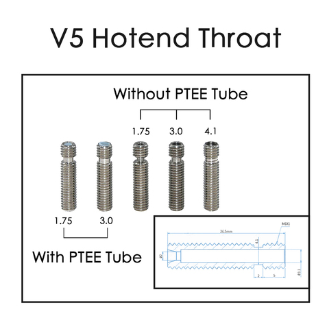 5Pcs Extruder 3D V5 HeatBreak Hotend Throat For 1.75/3.0mm Filament All-Metal /With PTFE Stainless Steel Feeding Tube Printer ► Photo 1/6