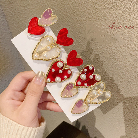 2022 Korea Double Layer Heart Imitation Pearl Crystal Shiny Hairpins Red Oil Clear Hair Clips Hair Accessories for Women Girls ► Photo 1/6