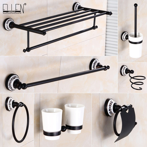 Black Bath Accessories Set Bath Hardware Set Towel Shelf Towel Bar Toilet Paper Holder Soap Dish Toilet Brush Holder ELG10 ► Photo 1/6