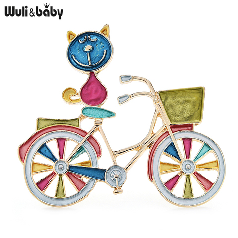 Wuli&baby Multicolor Enamel Cat Brooch Pins Gift Sitting on Shopping Bike Cute Animal Badge New Year Jewelry Accessories ► Photo 1/4