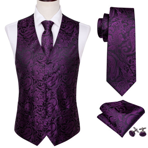 4PC Mens Silk Vest Party Wedding Purple Paisley Solid Floral Waistcoat Vest Pocket Square Tie Slim Suit Set Barry.Wang BM-2022 ► Photo 1/6