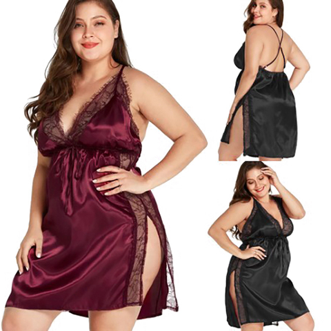 plus size Women's one-piece pajamas sets Sexy Satin Nightgown Sleepwear Lace Sleeveless Lingerie V Neck Nightshirt Size s-5XL ► Photo 1/6