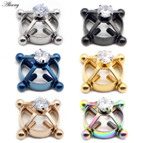 Alisouy 1PC Round Non Piercing Nipple Ring Stainless Steel Inlaid Zircon Shield Fake Nipple Piercing Jewelry Screw Nipple Clamps ► Photo 1/6