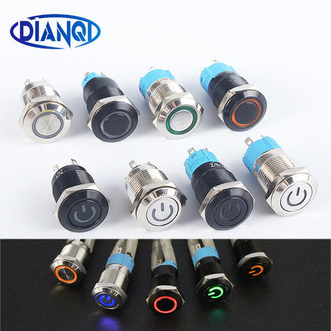 Black Push Button Switch 4 Pin 12mm Waterproof Led Light Metal Flat Momentary/Latching Switches with power mark/Ring LED ► Photo 1/5