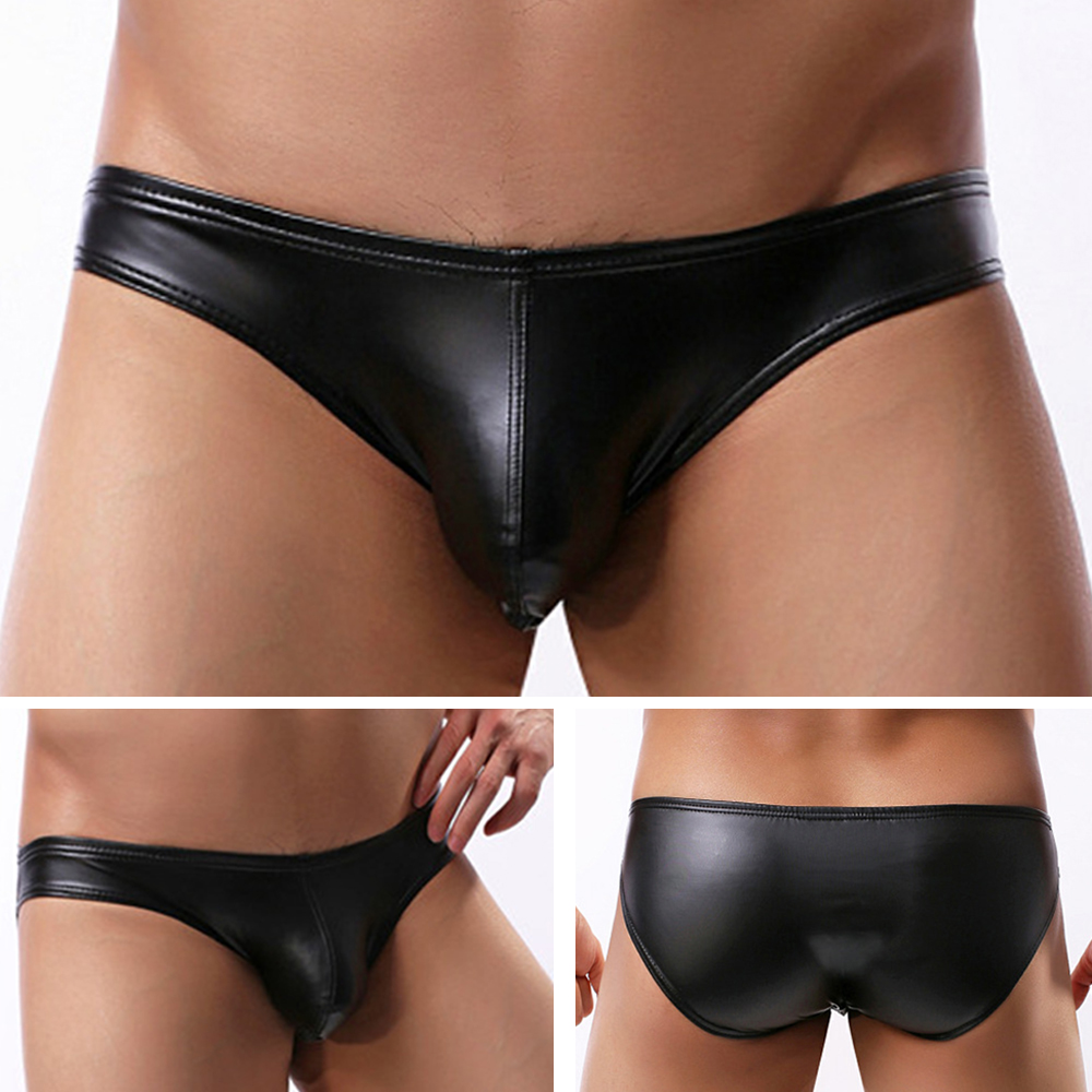 Men's Briefs Faux Leather Jockstrap Thong Stretch Briefs Sissy Pouch Panties Underwear Black Low Waist New Male Underpants ► Photo 1/1