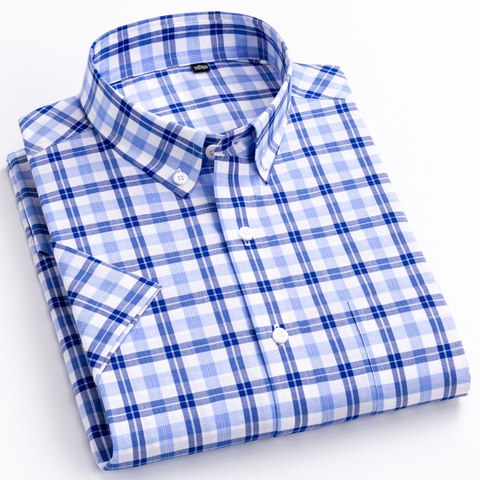 England Style Soft 100% Cotton Short Sleeve Shirts Single Patch Pocket Summer Casual Standard-fit Button-down Plaid Stripe Shirt ► Photo 1/6