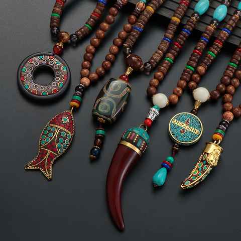 Buddhist Mala Wood Beaded Fish Pendant Necklace Long Statement Sweater  Necklace Vintage Talisman Ethnic Nepal Necklace