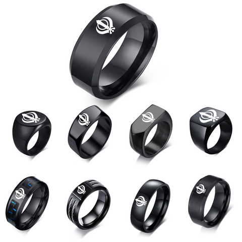 Sikh Symbol Rings Men Hinduism Engraved Sikhism Stainless Steel Signet Band Ring Religious Jewelry ► Photo 1/6