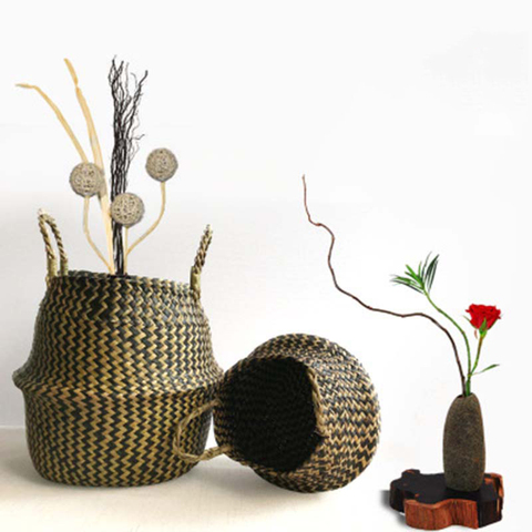 Foldable Handmade Seagrass Storage Basket Wicker Rattan Belly Straw Home Garden Flower Pot Wave Pattern Planter Laundry Basket ► Photo 1/6