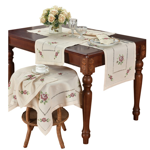 [Camellia Casa]Romantic Cross-stitch Rose Table Runner & Tablecloth,Linen Look & Washable, White & Champagne Home Airbnb Hotel ► Photo 1/6