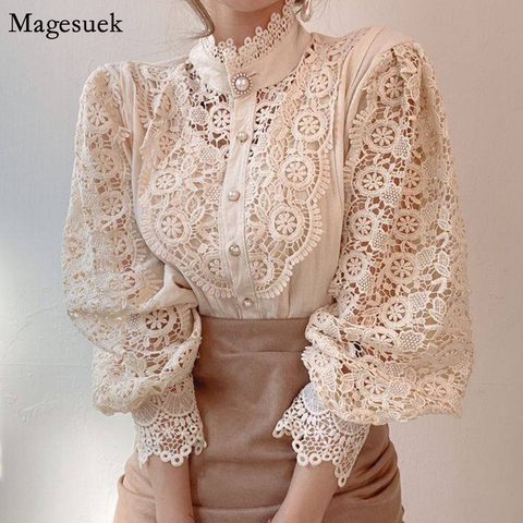 Vintage Solid White Lace Blouse Shirts Women New Korean Button Loose Shirt Tops Female Hollow Casual Ladies Blouses Blusas 12928 ► Photo 1/6