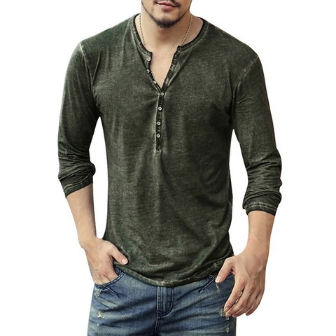 Men Tee Shirt V-neck Long Sleeve Tee&Tops Stylish Buttons T-shirt 2022 Autumn Casual Henley shirt Solid Male Clothing 5XL ► Photo 1/6