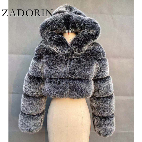 ZADORIN High Quality Furry Cropped Faux Fur Coats and Jackets Women Fluffy Top Coat with Hooded Winter Fur Jacket manteau femme ► Photo 1/6
