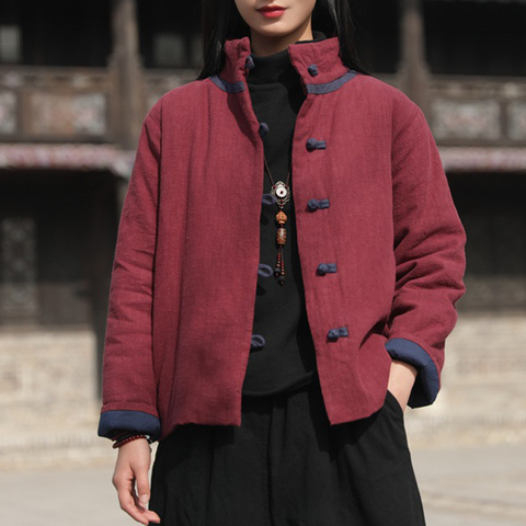 Johnature Women Cotton Linen Jackets Vintage Solid Color Coats Stand Long Sleeve Thick Warm Clothes 2022 Spring Button Jackets ► Photo 1/1