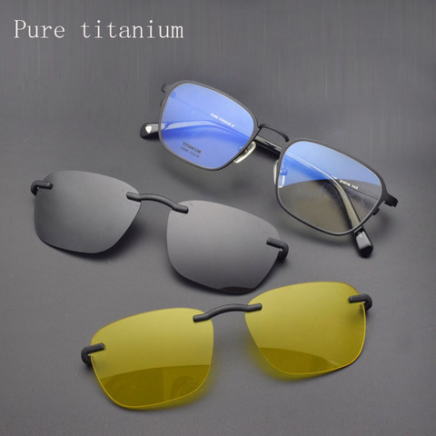 Lightweight Pure Titanium Full Frame Glasses Frame With Polarized Eyeglasses Retro Men's Sunglasses Night Vision Clips Magnet ► Photo 1/1