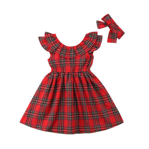 Baby Girls Kids Plaid Princess Christmas Sleeveless Pageant Party Backless Bowknot Dresses +Headwear Clothes Sundress ► Photo 1/6