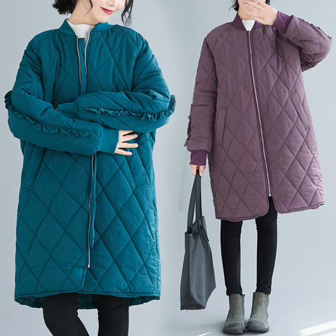 Retro Down Cotton Clothing Women's Jackets 2022 New Winter Large Size Loose quilted Padded rhombic Zipper Long Parka Coat N1092 ► Photo 1/6