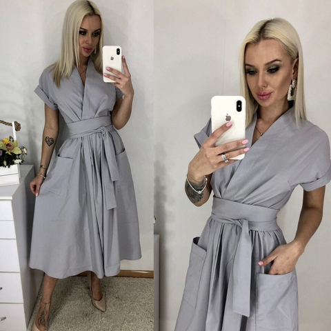 Office Lady Women Casual Sashes A-Line Dress Ladies Short Sleeve V-Neck Summer Dress 2022 Fashion Midi Party Dress Vestidos ► Photo 1/6