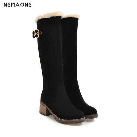 NEMAONE Women Boots Female Winter Shoes Woman Fur Warm Snow Boots Fashion Square High Heels knee high Boots Black Boots ► Photo 1/6
