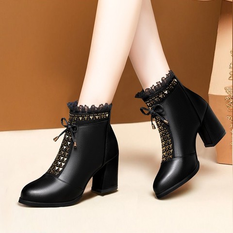 2022 Winter Shoes Gauze Ruffles Ankle Boots Bling High Heels Dress Shoes Square Heeled Booties Butterfly botas mujer Black 8792N ► Photo 1/6