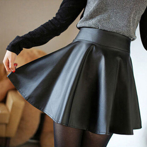 Faux PU Leather High Waist Mini Skirts Women Vintage Elastic Skater Flared Pleated Stretch Mini Skirt ► Photo 1/4