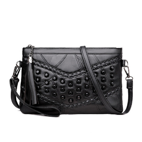 2022 New Genuine Leather Women Black Shoulder Bags Rivet Tassel Female Solid Colour Casual Handbags ► Photo 1/6