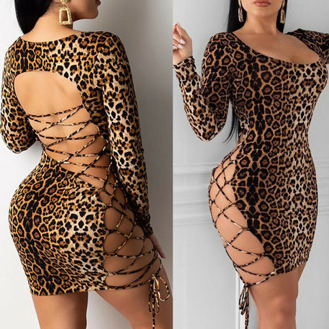 Hot Sale Women Sexy Long Sleeve Bandage Bodycon Party Club Mini Dress Female Leopard Sexy Criss Cross Hollow Out Mini Dresses ► Photo 1/6