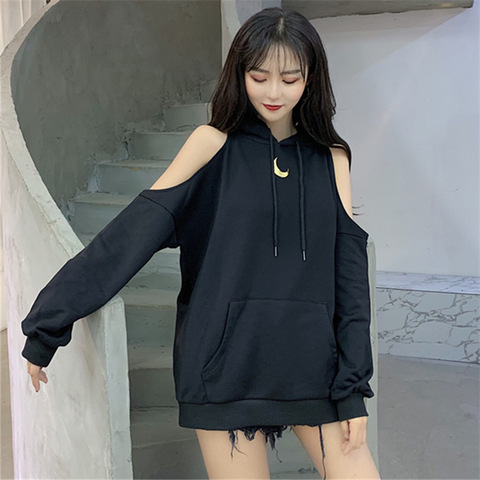 NCLAGEN Leisure Hoodies Korean Loose Casual Crescent Print Shoulder Bare Hooded Pullovers Women Streetwear Plus Size Sweatshirts ► Photo 1/6