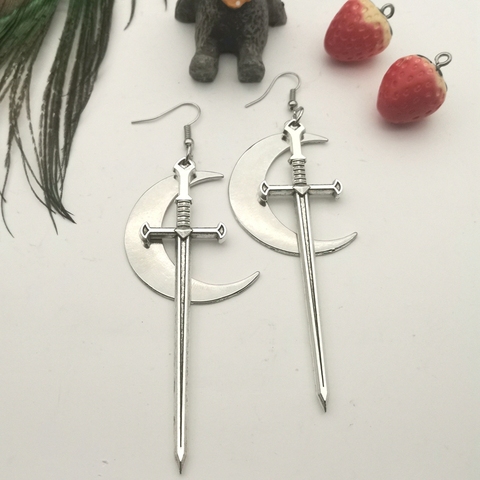 Swords Moon Earrings Witchy Warrior Pagan Viking Alternative Gothic Medieval Silver Color Classic Warrior Gift Women New ► Photo 1/3