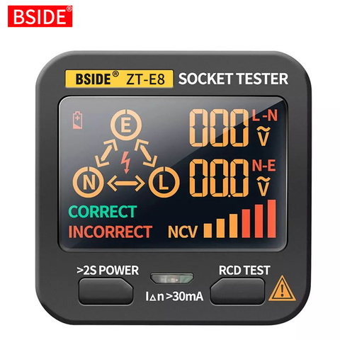 Digital Socket Tester BSIDE ZT-E8 Smart LCD Socket checker Voltage NCV Test Detector US UK EU AU Plug Ground Zero Line RCD Check ► Photo 1/6