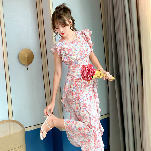 Floral 2022 summer new European style chiffon fishtail ruffled dress Office Lady  Polyester  Sleeveless ► Photo 1/6