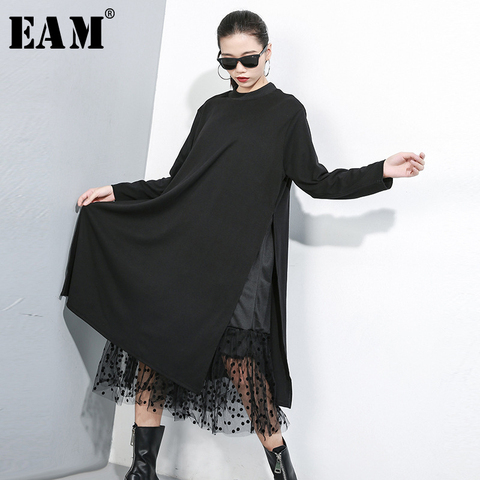 [EAM] Women Black Mesh Dot Split Joint Dress New Stand Collar Long Sleeve Loose Fit Fashion Tide Spring Autumn 2022 1B593 ► Photo 1/6