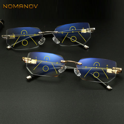 NOMANOV Rimless Diamond Trimming Luxury Progressive Multifocal Reading Glasses See Near And Far ADD +75 100 150 175 200 To 350 ► Photo 1/6