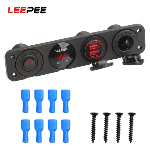 LEEPEE 12V Power Socket Dual USB Charger Waterproof Digital Voltmeter Rocker Switch 4 In 1 Car Cigarette Lighter Switch Panel ► Photo 1/6