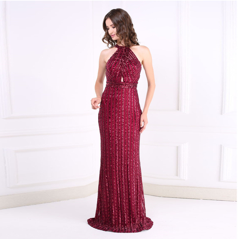 Burgundy Glittered Sparkle Halter Night Party Dress O Neck Hollow Out Sleeveless Striped Glitter Floor Length Long Dress ► Photo 1/6