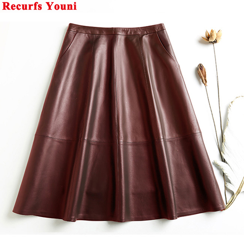 Vintage Ropa Winter Women Genuine Leather Thin A-line Pleated Skirts Femme Wine Red/Black 65cm Long Jupe Mujer Casual Etek Steet ► Photo 1/6