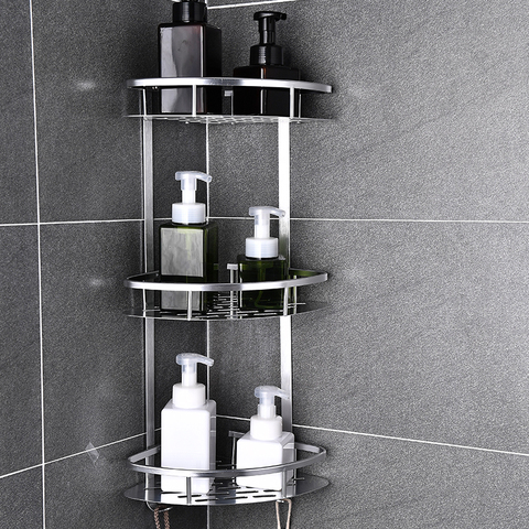 Space Aluminum Bathroom Shelf No Punching Shower Caddy Sheves Kitchen Storage Basket Adhesive Suction Corner Shelves Shower 2022 ► Photo 1/5