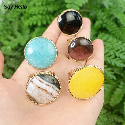 SAY HELLO Boho Natural Stone Green Aventurine Agates Pink Crystal Round Oval Shaped Rings for Women Ringe Adjustable Size K5771 ► Photo 1/6