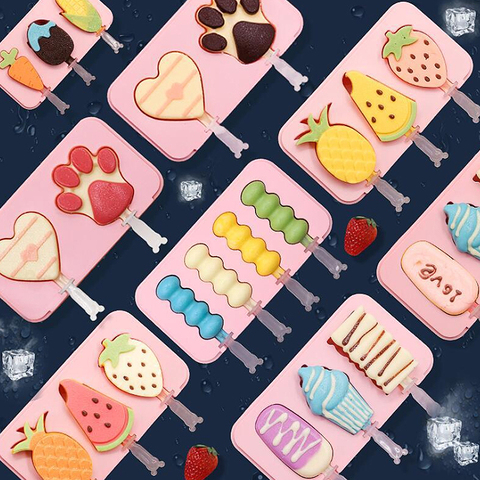 4 Cell Plastic Ice Cream Mold with Lids DIY Reusable Cuet Popsicle Molds  with Popsicle Stick Kitchen Gadgets and Accessories