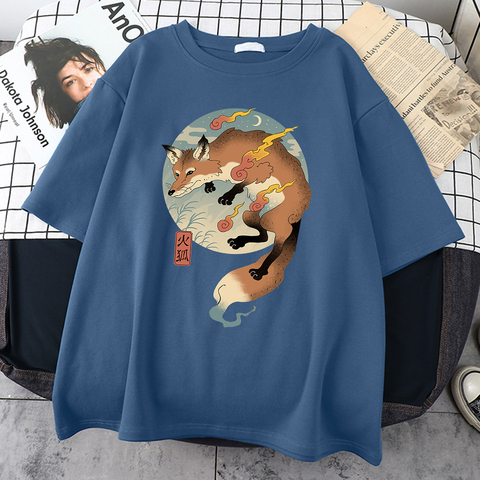 Fire Cartoon Fox Japanese Print Men T-Shirt Kawaii Cute Clothing Harajuku Casual Men's Shirt Oversized Round Neck Male T Shirts ► Photo 1/6