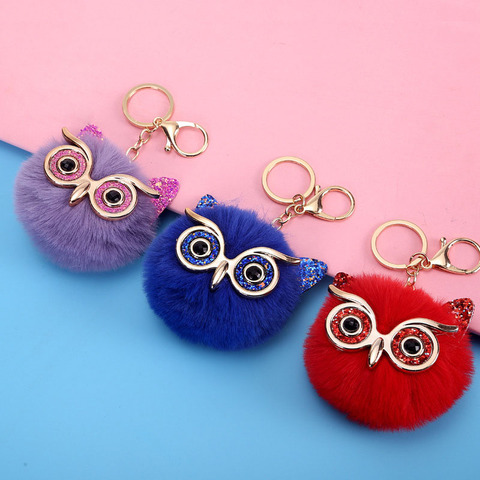MAOKE Gold Powder Sequins Big Eyes Owl Fur Ball Pendant Imitation Rex Rabbit Fur Ladies Bag Keychain for Fashion Women Gifts ► Photo 1/6