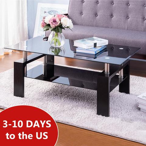 Black Tempered Glass Coffee Table, Coffee Table Glass Top And Wooden Legs